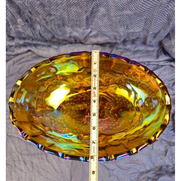 Vintage Marigold Carnival Glass Footed Bowl With Scalloped Edge & Leaf Design 12 - Picture 8 of 8